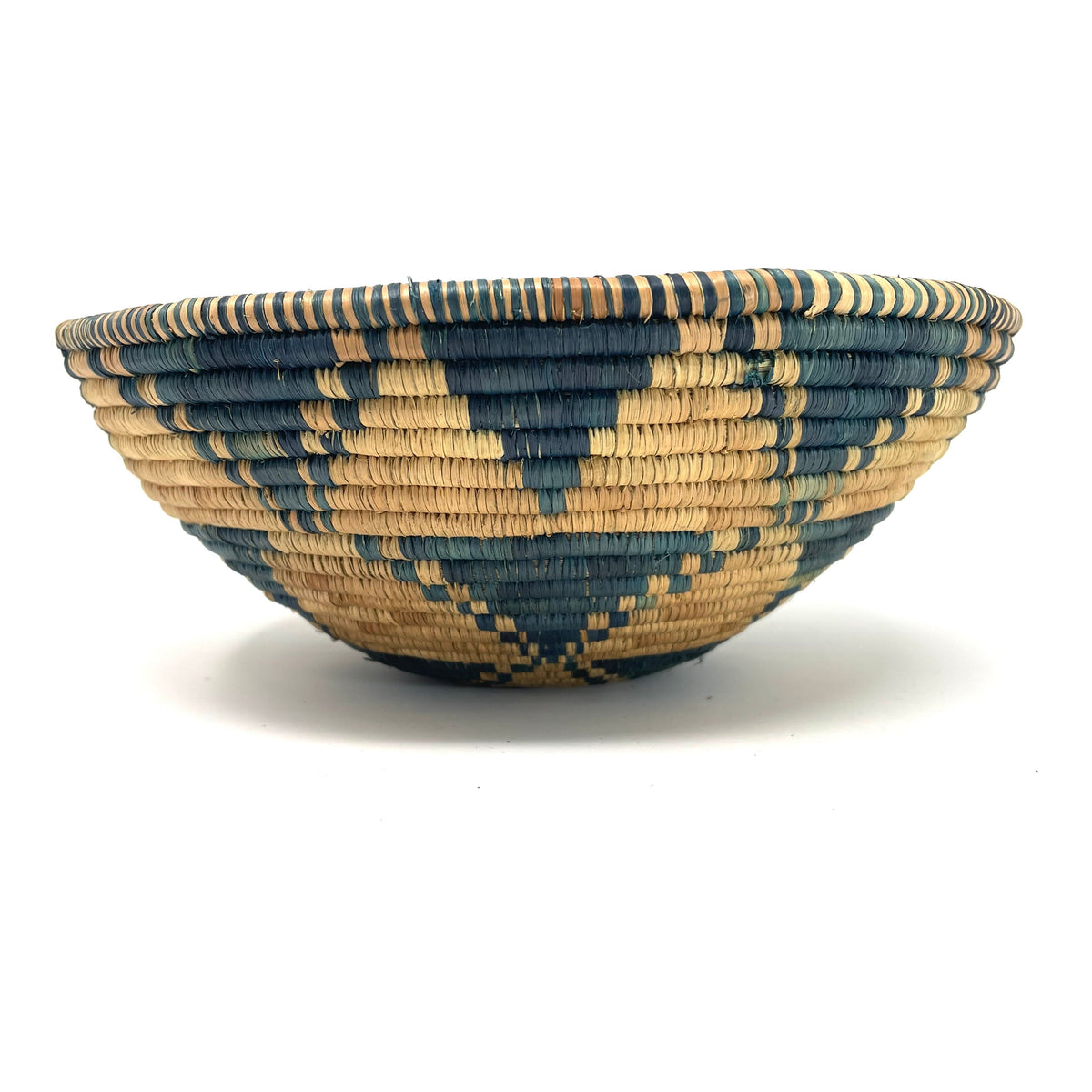 Vintage Botswana Basket with 'Flight of the Swallow' Pattern in Aqua Blue Measuring 8.75 Inches Diameter by 3.5 Inches Tall