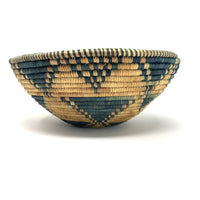 Vintage Botswana Basket with 'Flight of the Swallow' Pattern in Aqua Blue Measuring 8.75 Inches Diameter by 3.5 Inches Tall