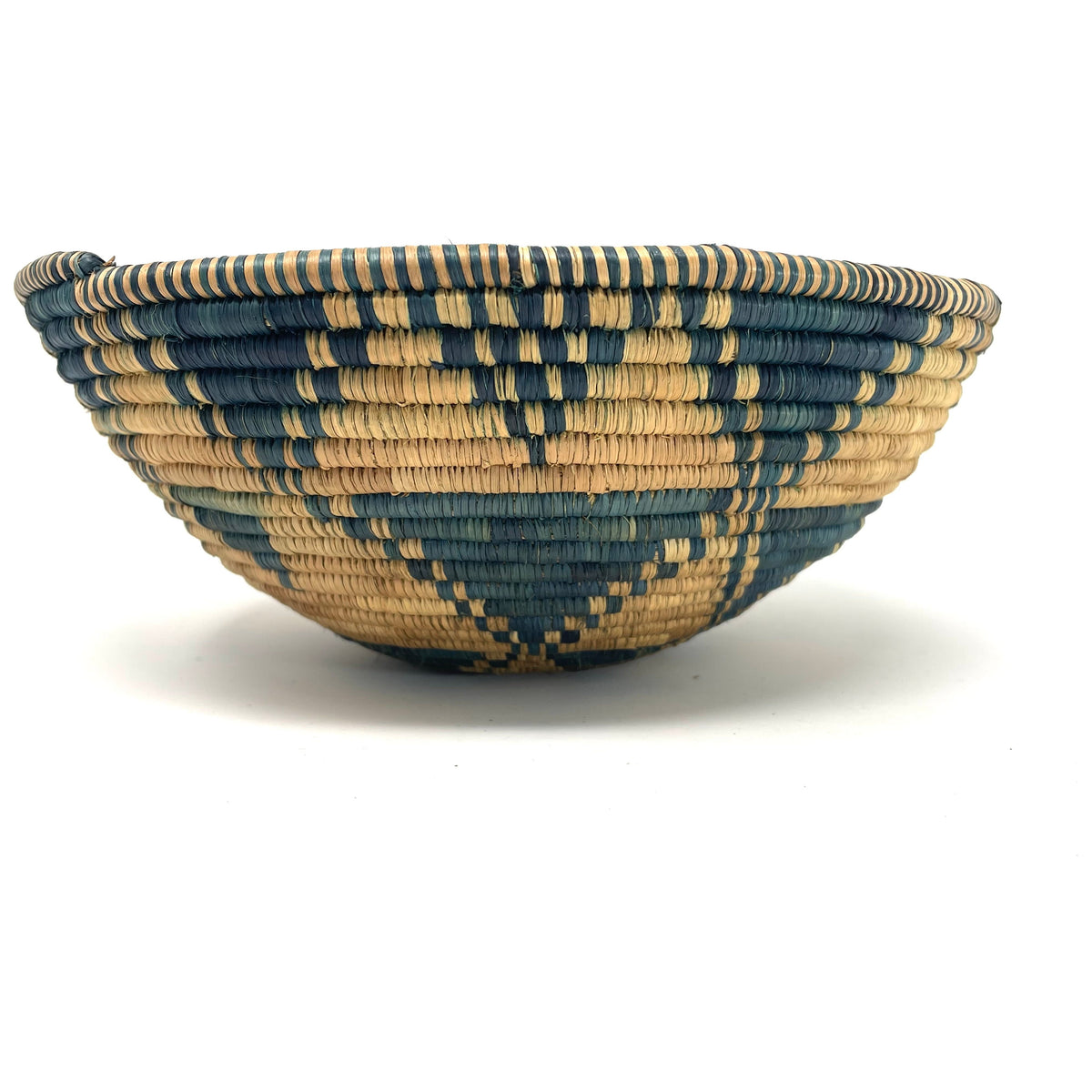 Vintage Botswana Basket with 'Flight of the Swallow' Pattern in Aqua Blue Measuring 8.75 Inches Diameter by 3.5 Inches Tall