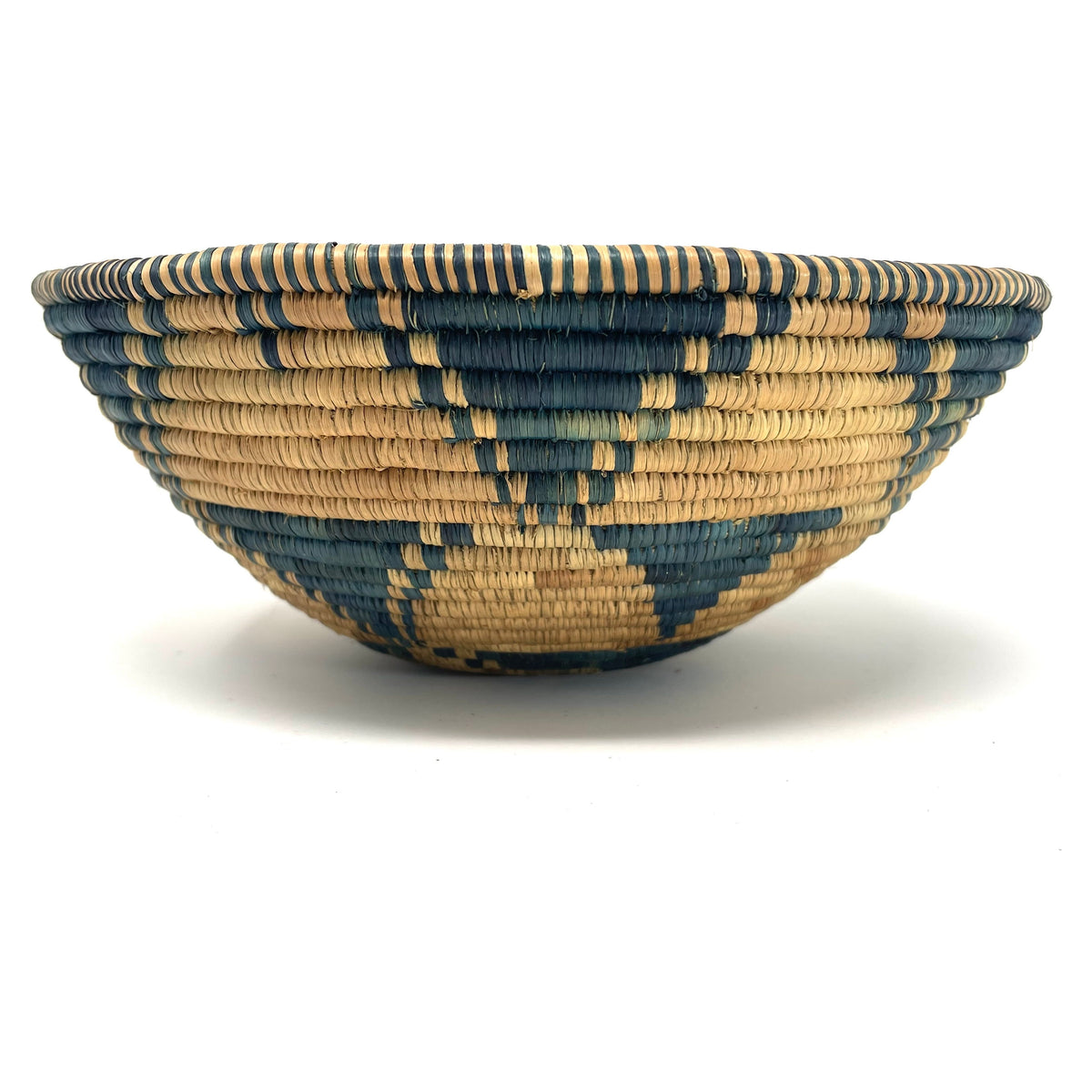 Vintage Botswana Basket with 'Flight of the Swallow' Pattern in Aqua Blue Measuring 8.75 Inches Diameter by 3.5 Inches Tall