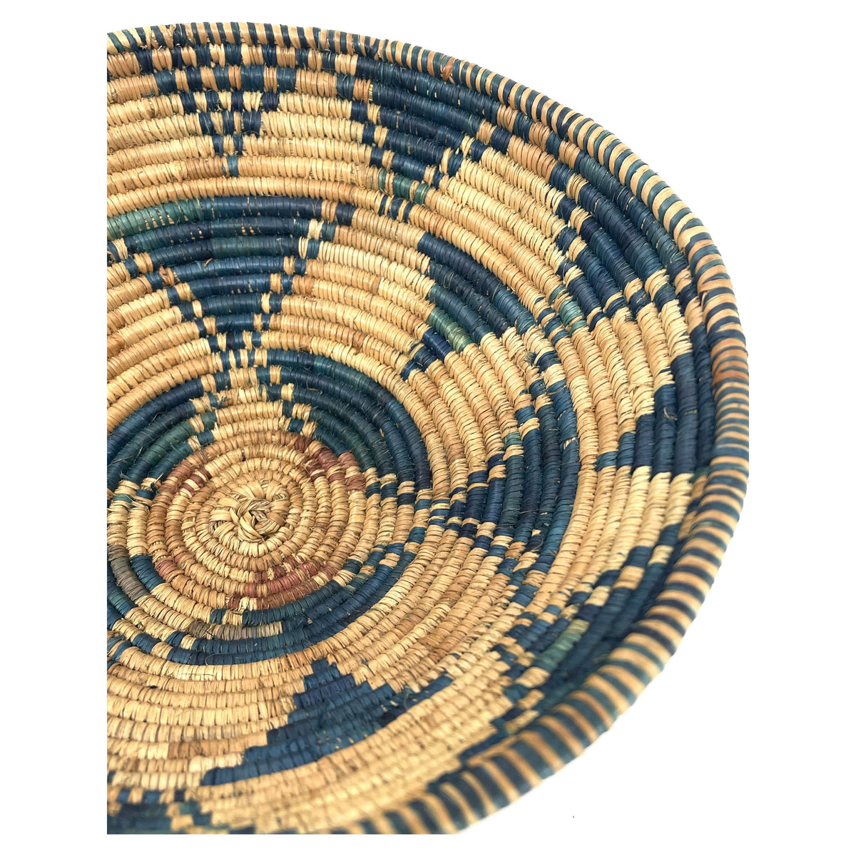 Vintage Botswana Basket with 'Flight of the Swallow' Pattern in Aqua Blue Measuring 8.75 Inches Diameter by 3.5 Inches Tall