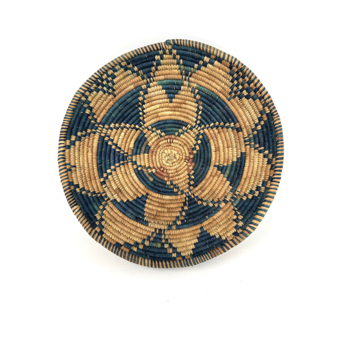 Vintage Botswana Basket with 'Flight of the Swallow' Pattern in Aqua Blue Measuring 8.75 Inches Diameter by 3.5 Inches Tall