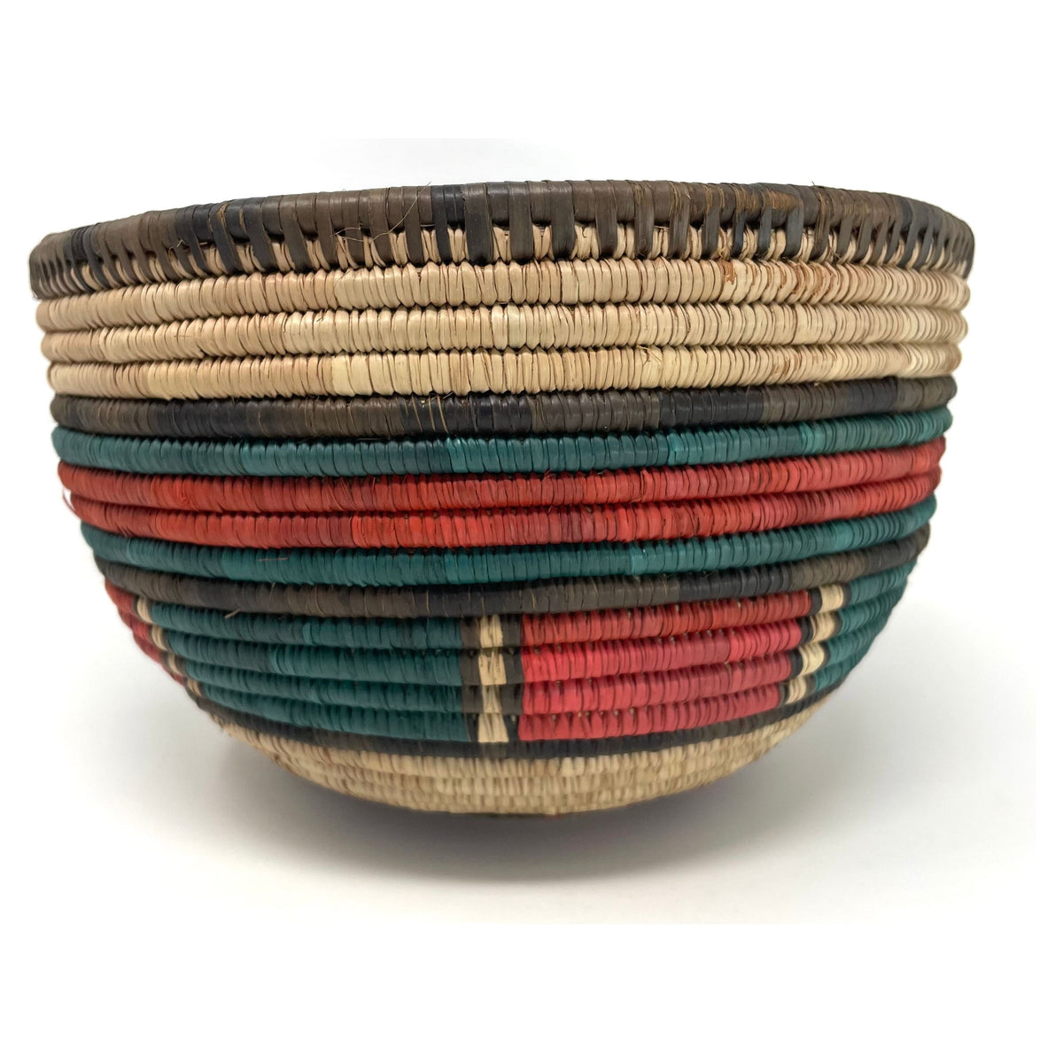 Vintage Nigerian Hausa Multi-Colored Coiled Basket Measuring 10.25 Inches Diameter by 6 Inches Tall