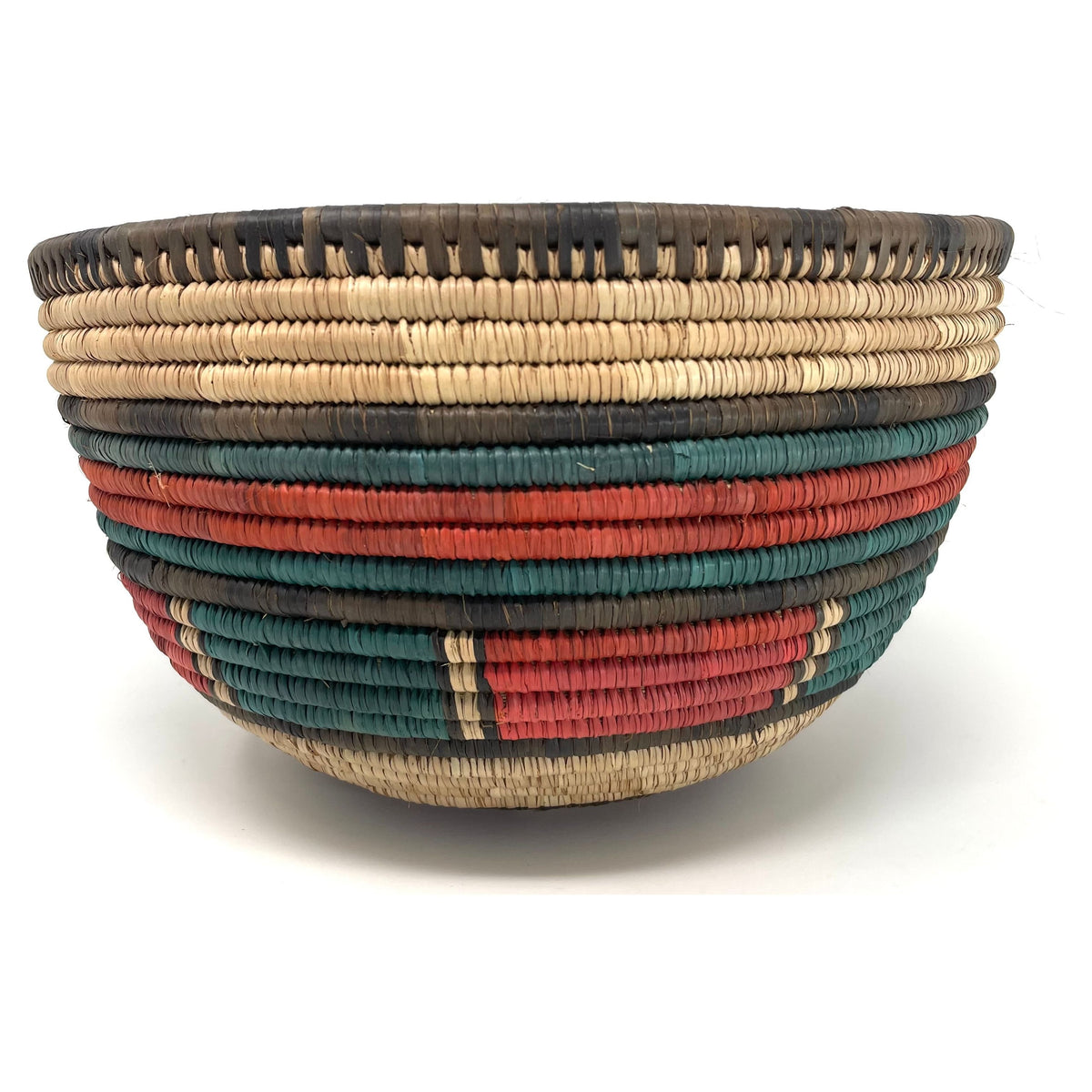 Vintage Nigerian Hausa Multi-Colored Coiled Basket Measuring 10.25 Inches Diameter by 6 Inches Tall