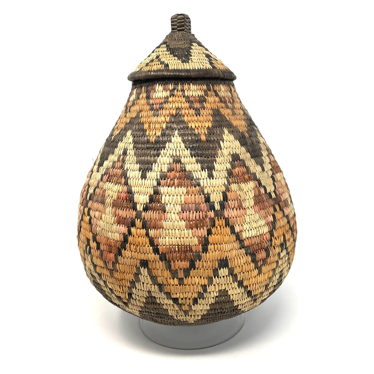 Vintage Zulu Basket from South Africa with Acrylic Stand Measuring 14.25 Inches Tall by 9.75 Inches Diameter