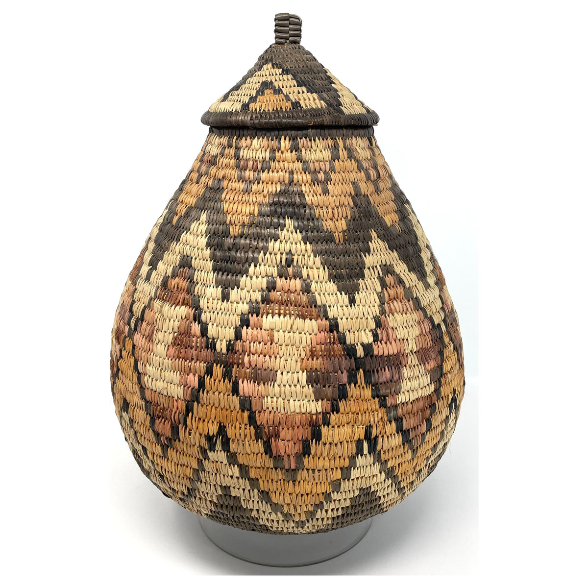 Vintage Zulu Basket from South Africa with Acrylic Stand Measuring 14.25 Inches Tall by 9.75 Inches Diameter