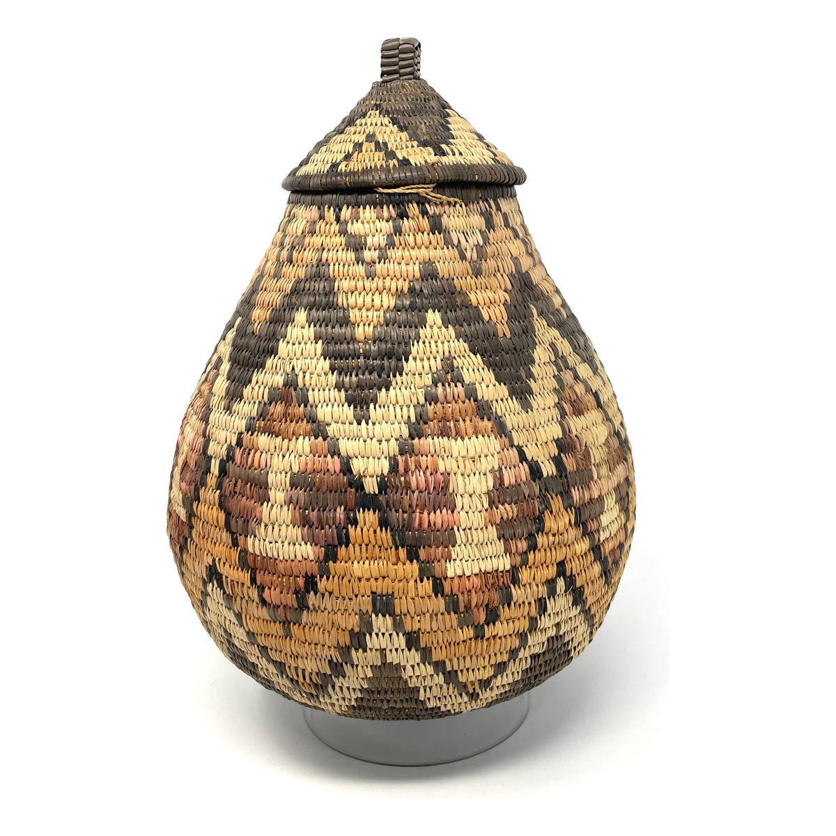 Vintage Zulu Basket from South Africa with Acrylic Stand Measuring 14.25 Inches Tall by 9.75 Inches Diameter