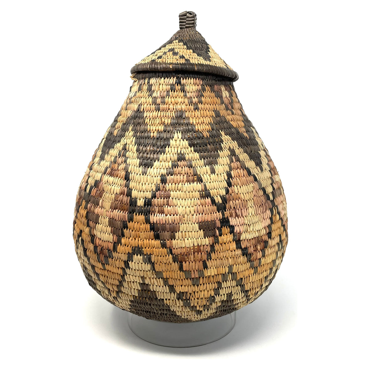 Vintage Zulu Basket from South Africa with Acrylic Stand Measuring 14.25 Inches Tall by 9.75 Inches Diameter