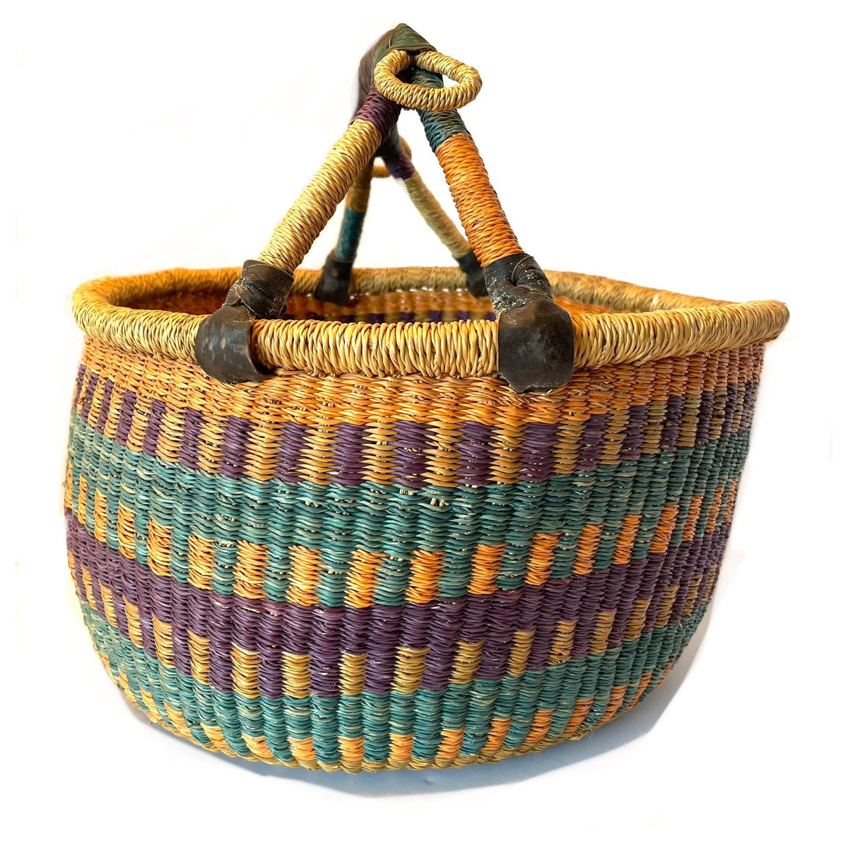 Large Brightly Colored Bolga Beach Basket/Carryall from Ghana with Orange, Purple and Aqua Tones Measuring 13.5 Inches Tall by 15.75 Inches Long by 15.25 Inches Wide