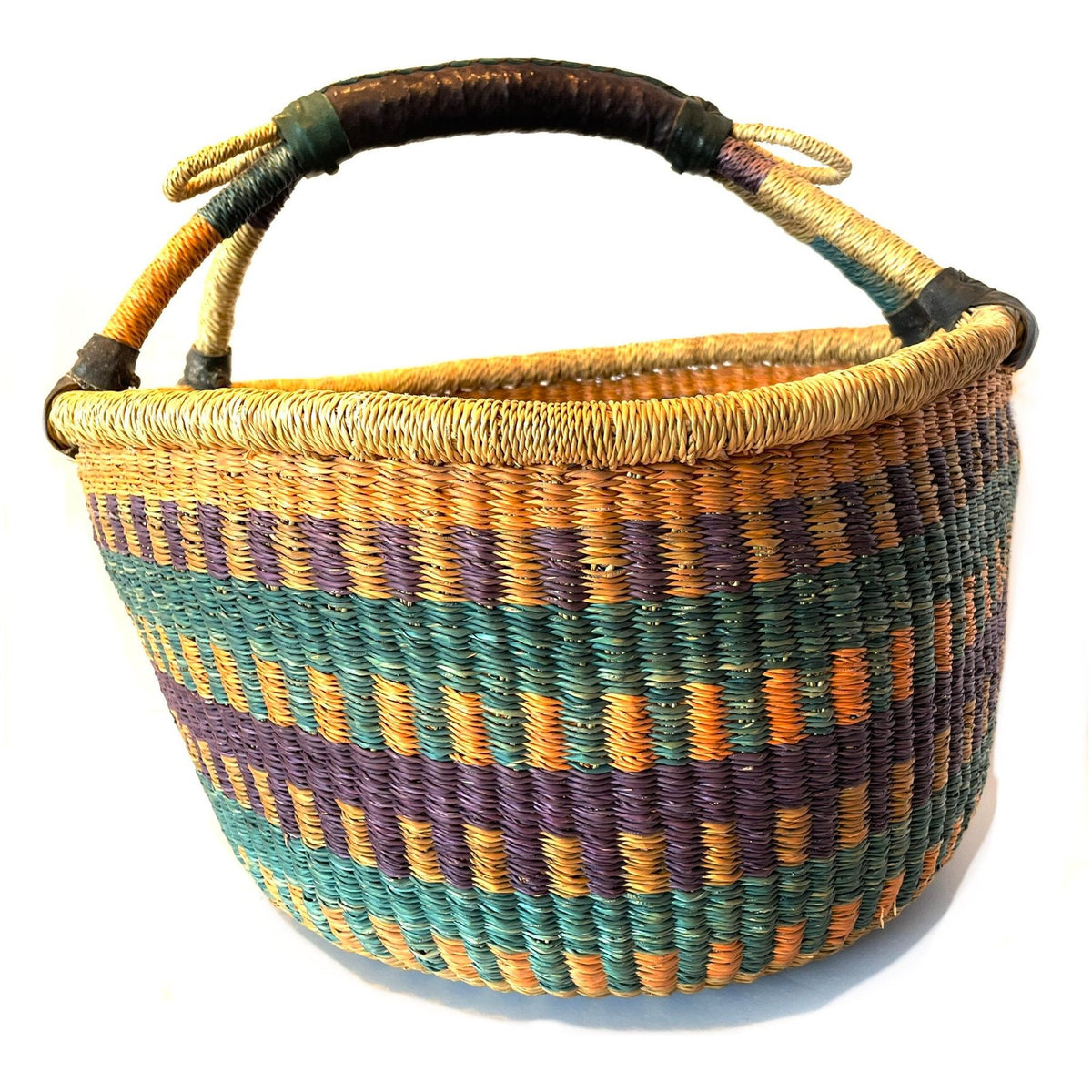 Large Brightly Colored Bolga Beach Basket/Carryall from Ghana with Orange, Purple and Aqua Tones Measuring 13.5 Inches Tall by 15.75 Inches Long by 15.25 Inches Wide