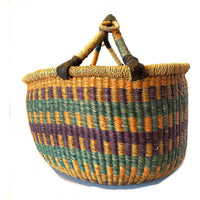 Large Brightly Colored Bolga Beach Basket/Carryall from Ghana with Orange, Purple and Aqua Tones Measuring 13.5 Inches Tall by 15.75 Inches Long by 15.25 Inches Wide