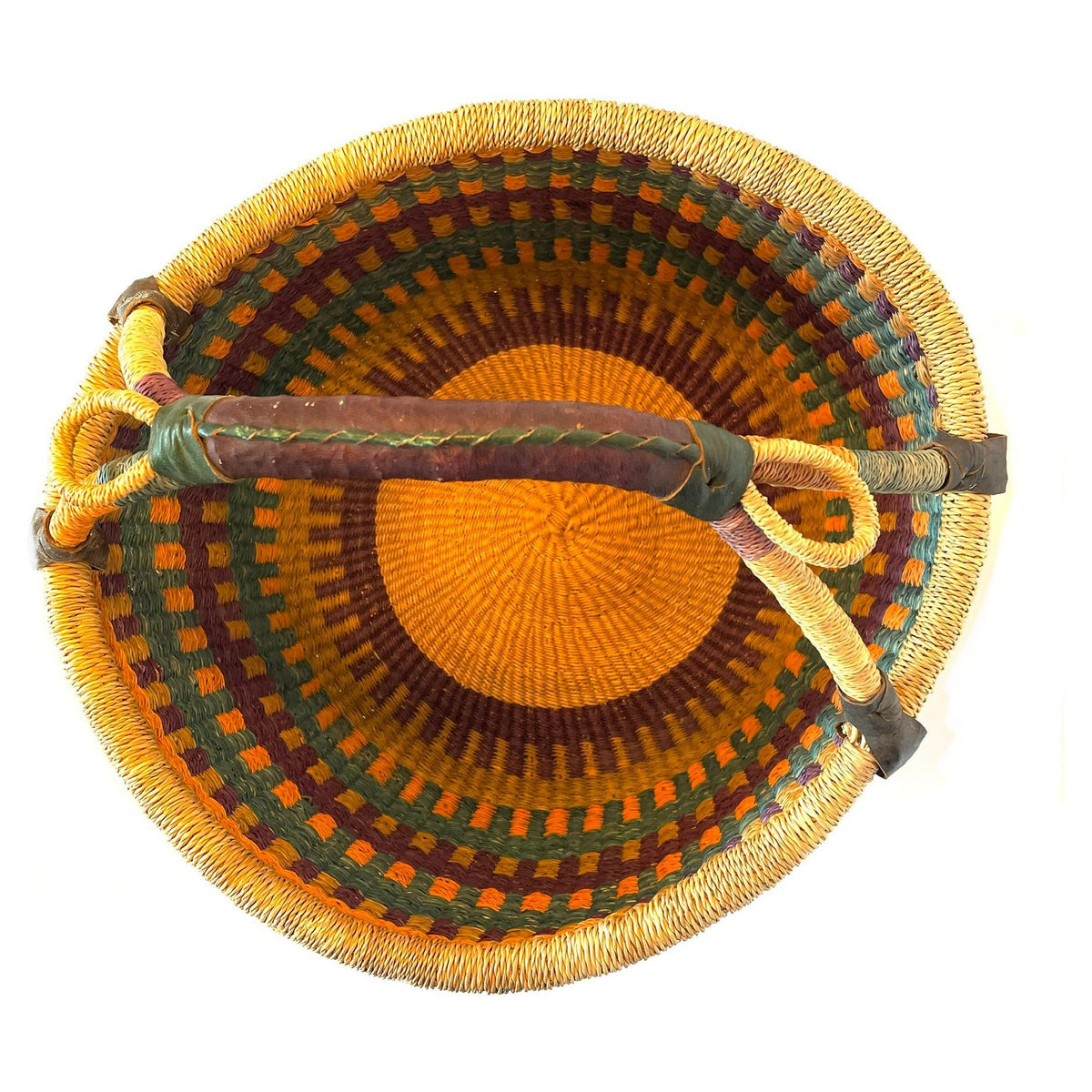 Large Brightly Colored Bolga Beach Basket/Carryall from Ghana with Orange, Purple and Aqua Tones Measuring 13.5 Inches Tall by 15.75 Inches Long by 15.25 Inches Wide