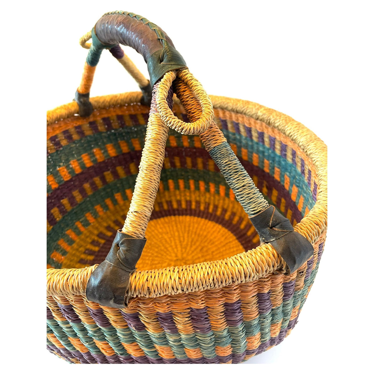 Large Brightly Colored Bolga Beach Basket/Carryall from Ghana with Orange, Purple and Aqua Tones Measuring 13.5 Inches Tall by 15.75 Inches Long by 15.25 Inches Wide