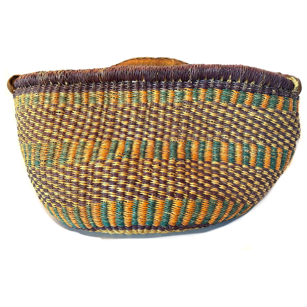 Brightly Colored Bolga Beach Basket/Carryall from Ghana with Orange, Purple and Teal Tones Measuring 10 inches Tall by 19 inches Long by 13.5 Inches Wide