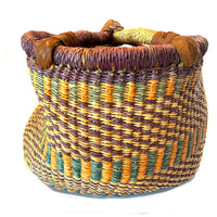 Brightly Colored Bolga Beach Basket/Carryall from Ghana with Orange, Purple and Teal Tones Measuring 10 inches Tall by 19 inches Long by 13.5 Inches Wide