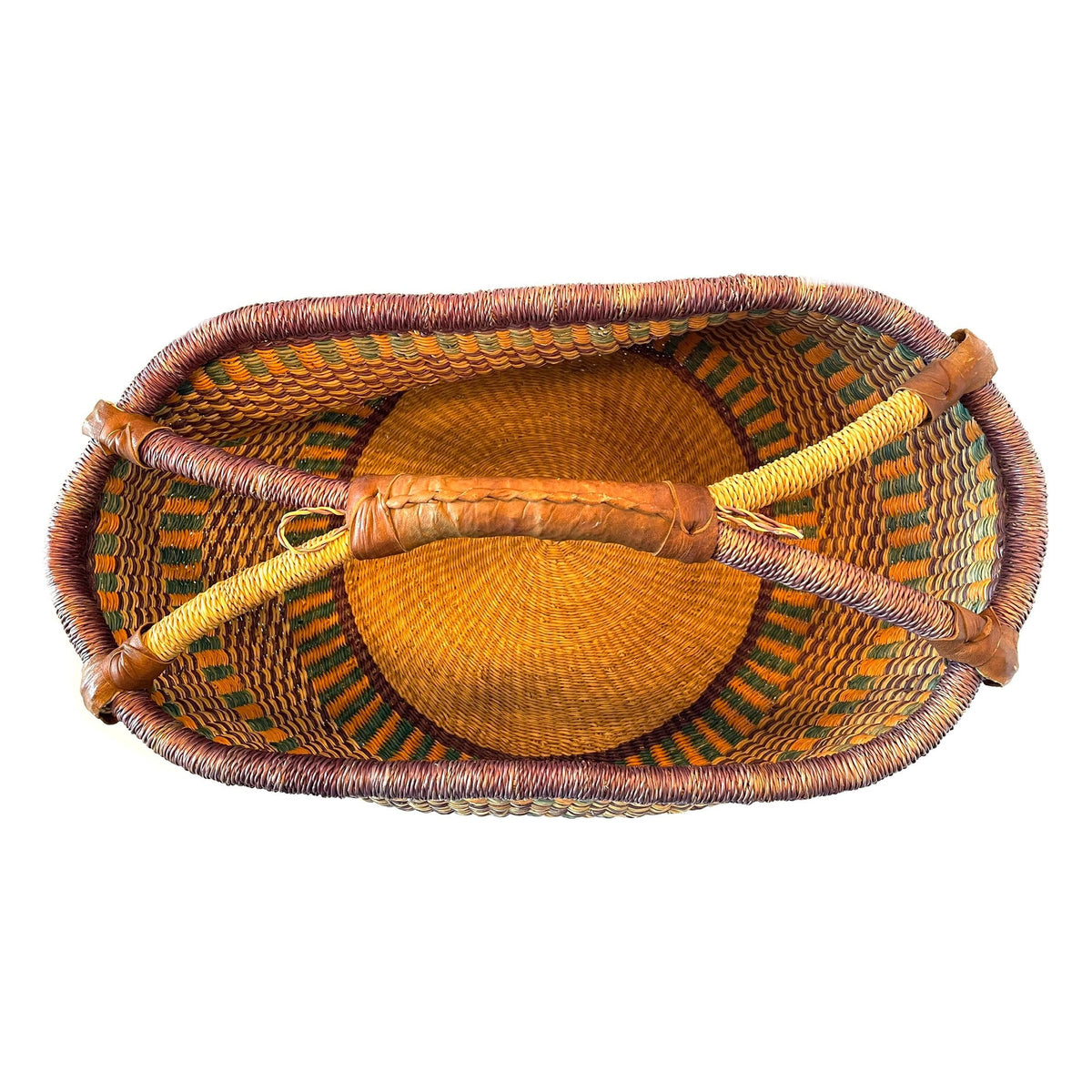 Brightly Colored Bolga Beach Basket/Carryall from Ghana with Orange, Purple and Teal Tones Measuring 10 inches Tall by 19 inches Long by 13.5 Inches Wide