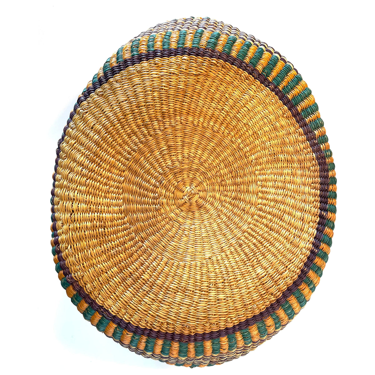 Brightly Colored Bolga Beach Basket/Carryall from Ghana with Orange, Purple and Teal Tones Measuring 10 inches Tall by 19 inches Long by 13.5 Inches Wide