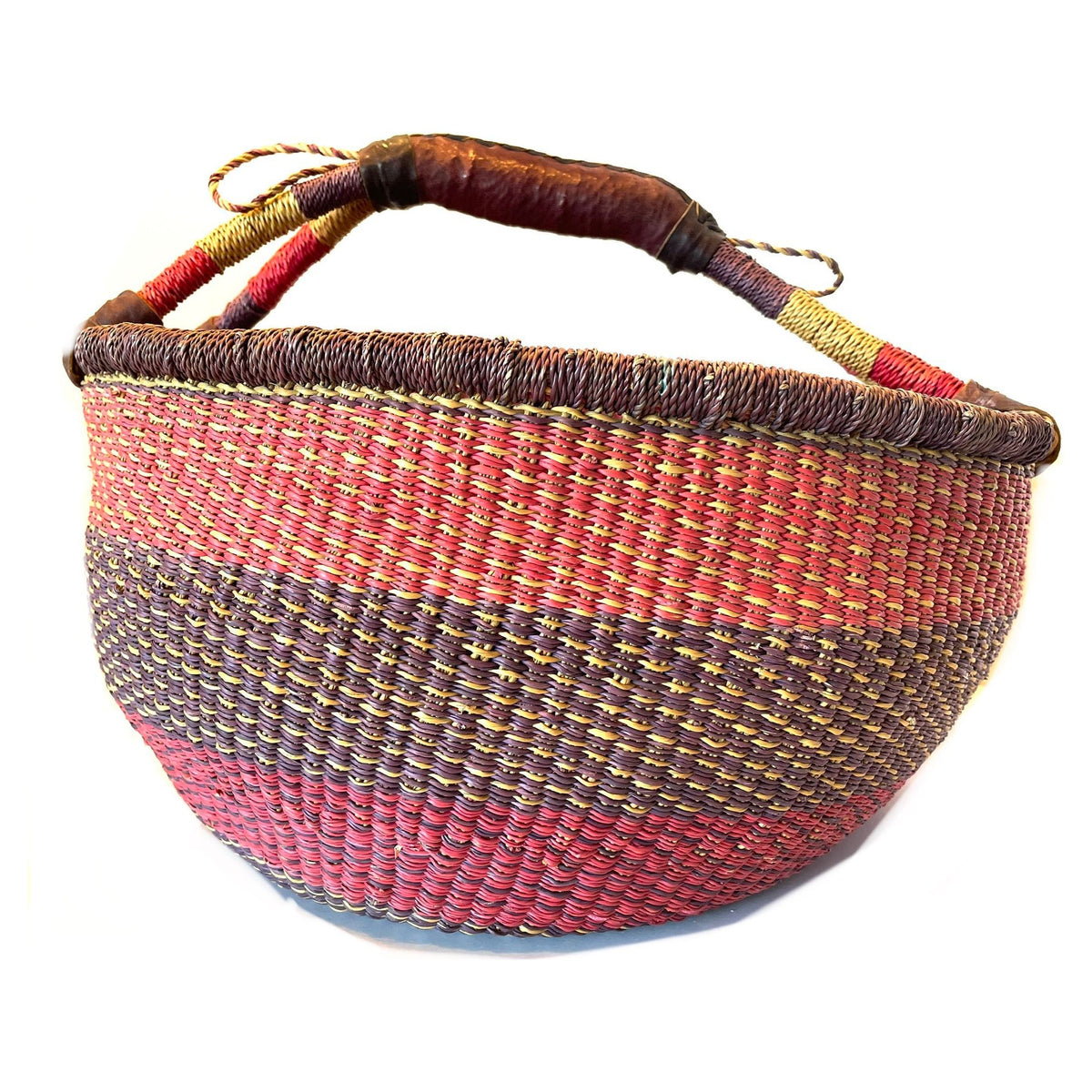 Large Brightly Colored Bolga Beach Basket/Carryall from Ghana with Pink and Purple Tones Measuring 13.5 Inches Tall by 18 inches Long and 15 Inches Wide