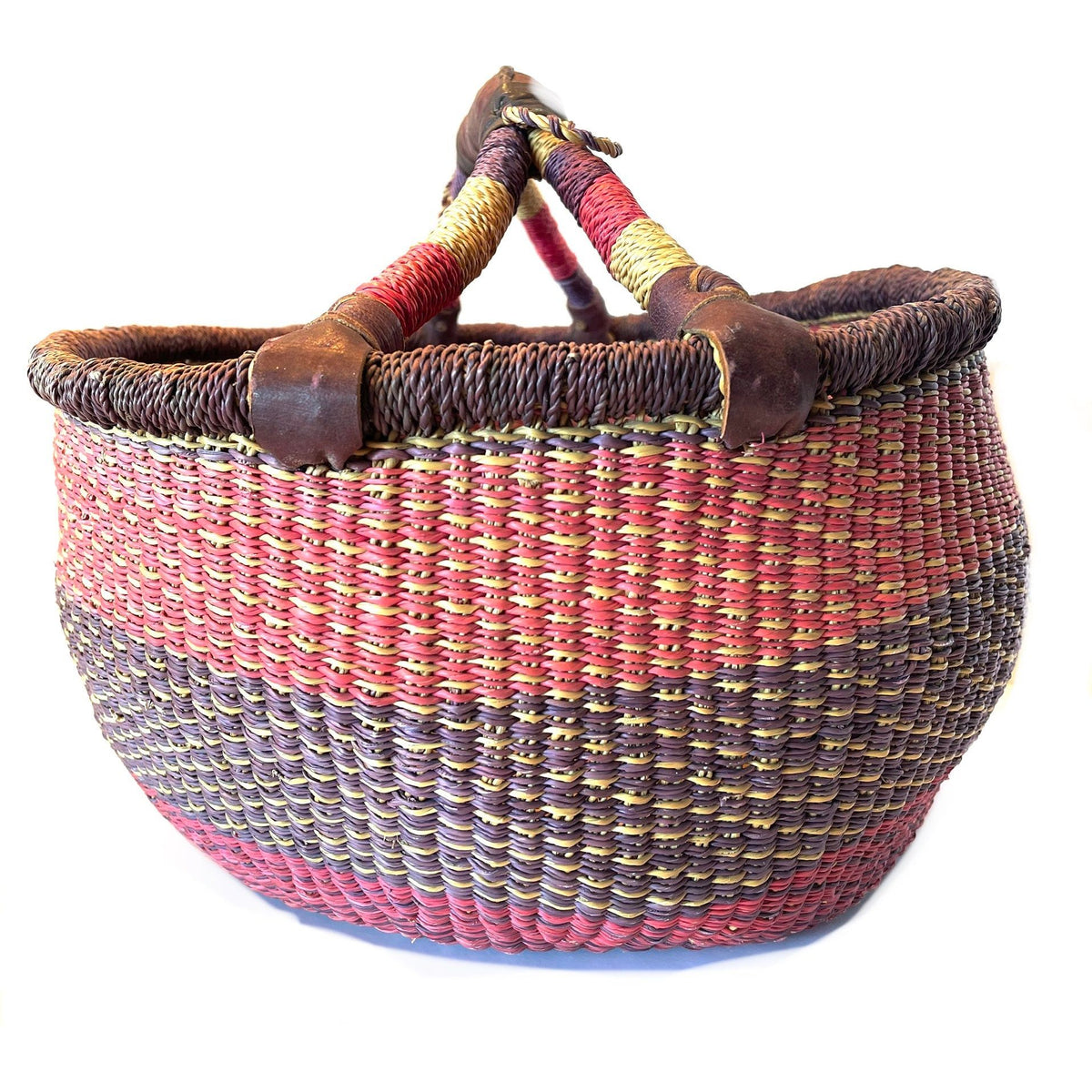 Large Brightly Colored Bolga Beach Basket/Carryall from Ghana with Pink and Purple Tones Measuring 13.5 Inches Tall by 18 inches Long and 15 Inches Wide