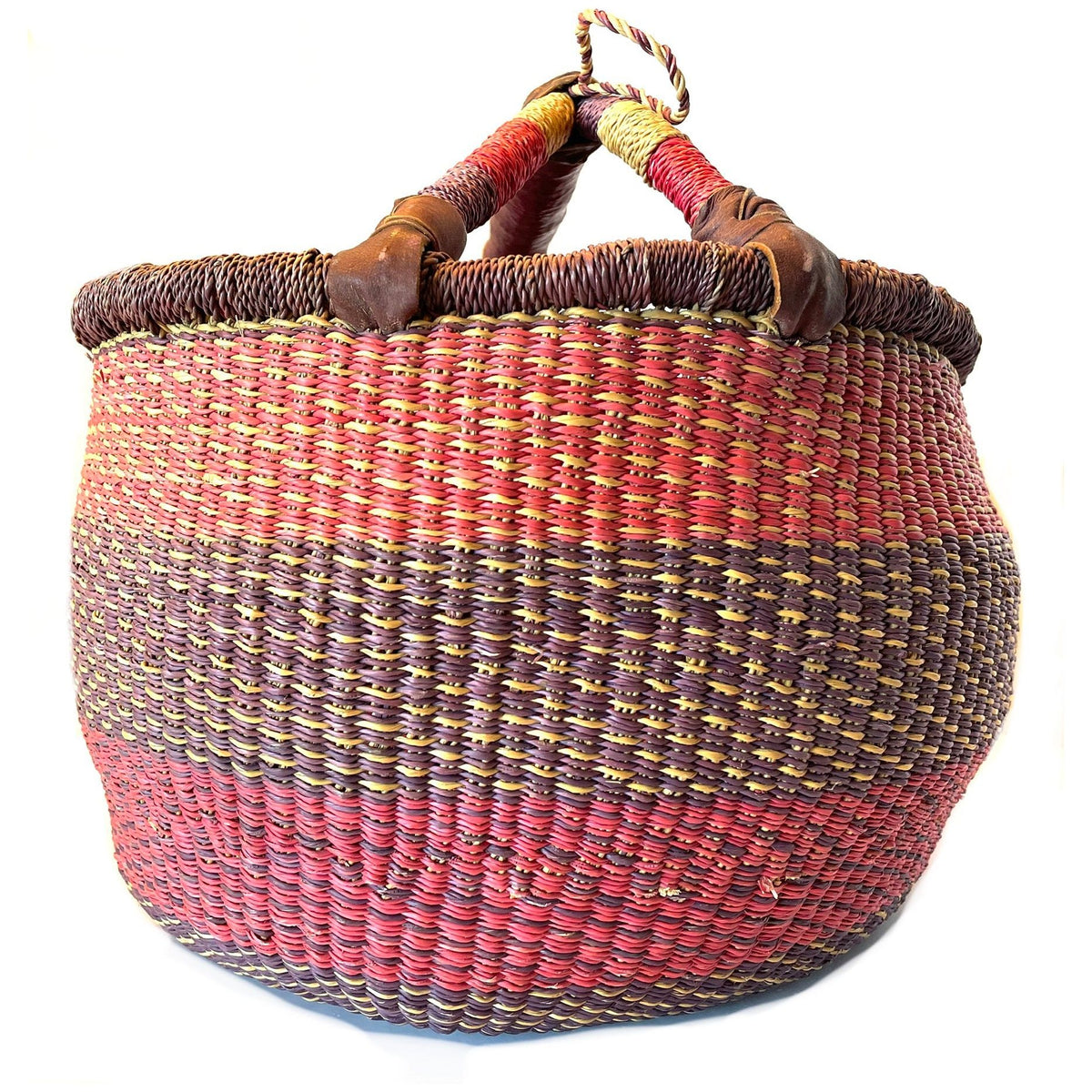 Large Brightly Colored Bolga Beach Basket/Carryall from Ghana with Pink and Purple Tones Measuring 13.5 Inches Tall by 18 inches Long and 15 Inches Wide