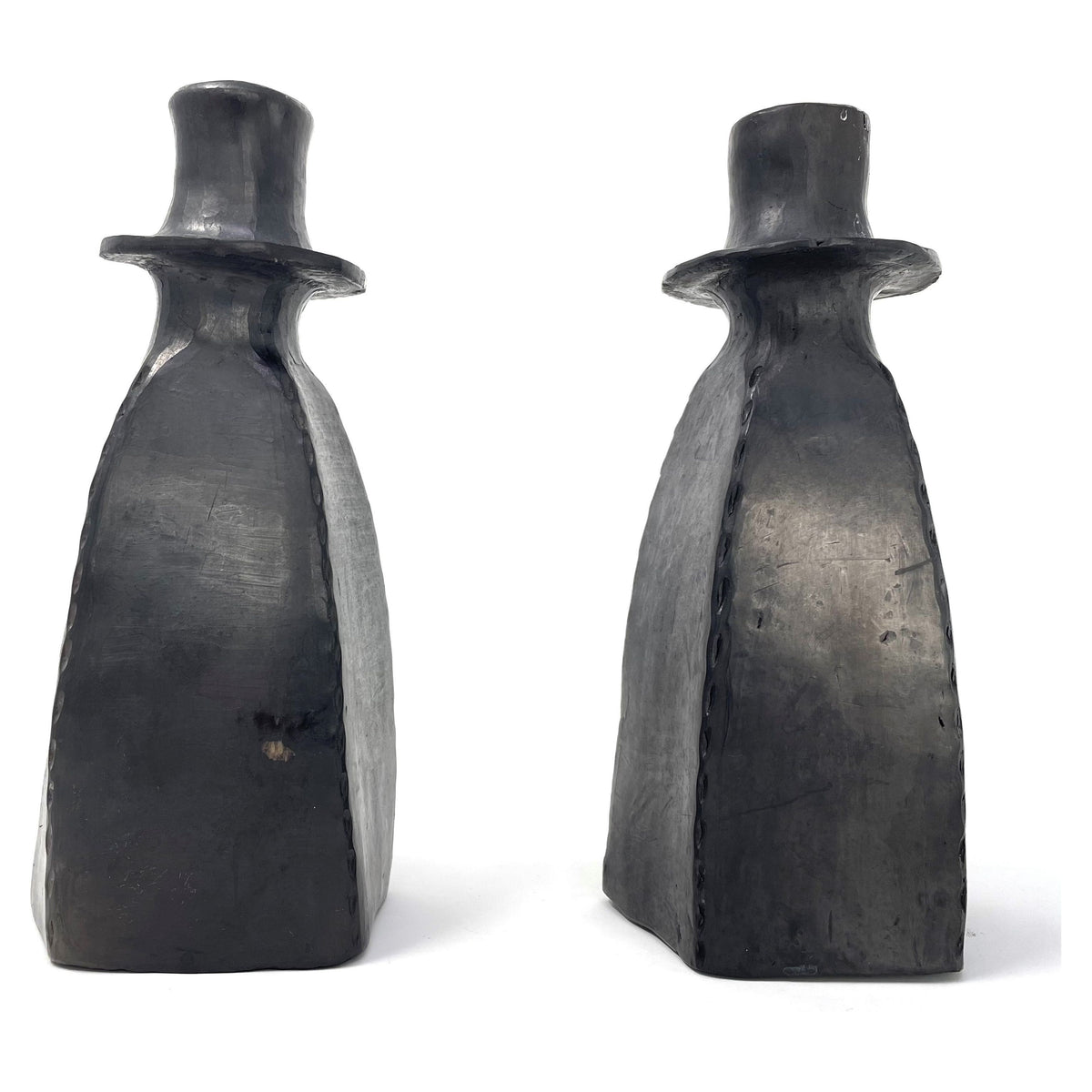 Pair of Vintage Barro Negro Black Candle Holders from Oaxaca, Mexico - 8.25" H X 3.75" Diam.