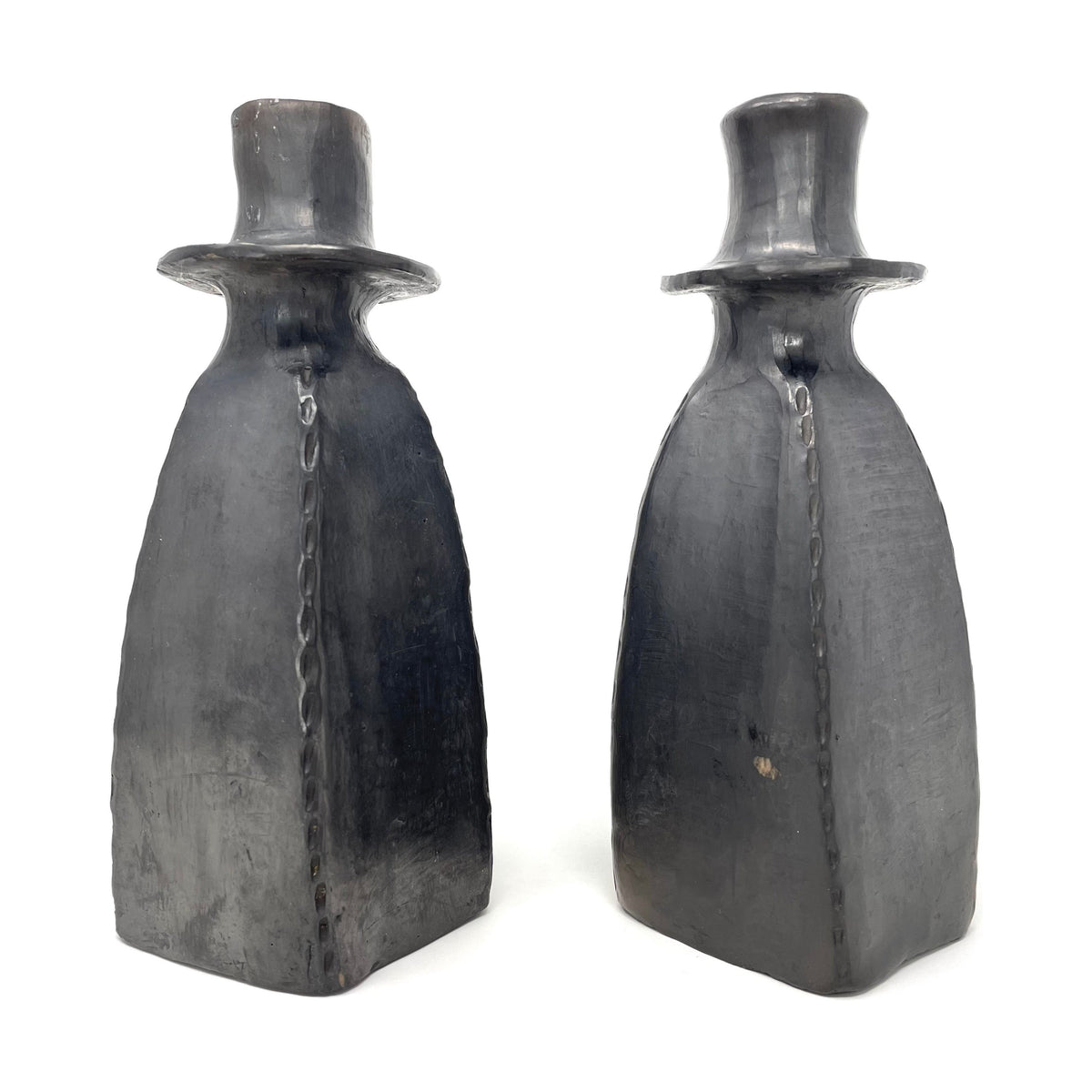 Pair of Vintage Barro Negro Black Candle Holders from Oaxaca, Mexico - 8.25" H X 3.75" Diam.