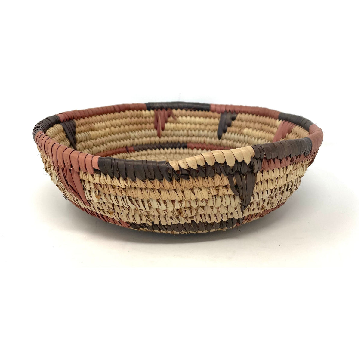 Vintage Botswana Basket with Terracotta and Black Designs Measuring 9.5 Inches Diameter by 3 Inches Tall