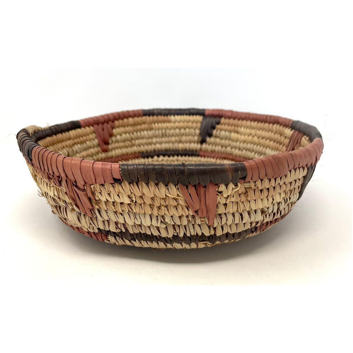 Vintage Botswana Basket with Terracotta and Black Designs Measuring 9.5 Inches Diameter by 3 Inches Tall