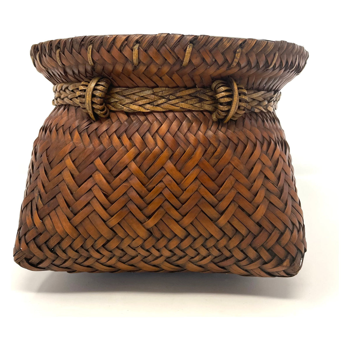 Intricately Woven Snail Basket Measuring 6 Inches Tall by 8 Inches Diameter with Brown Patina from the Philippines