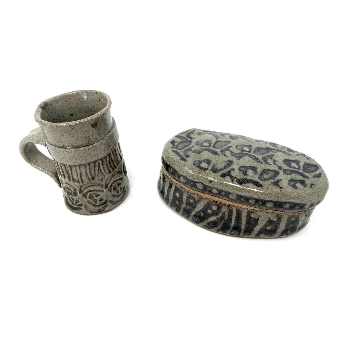 Glazed Grayish-Green Pottery Pair Including Small Mug & Oval Box/Vintage Studio Pottery