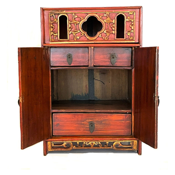 Vintage Red Chinese Wood Cabinet/Jewelry Chest - 17" H X 11.5" W X 9" D