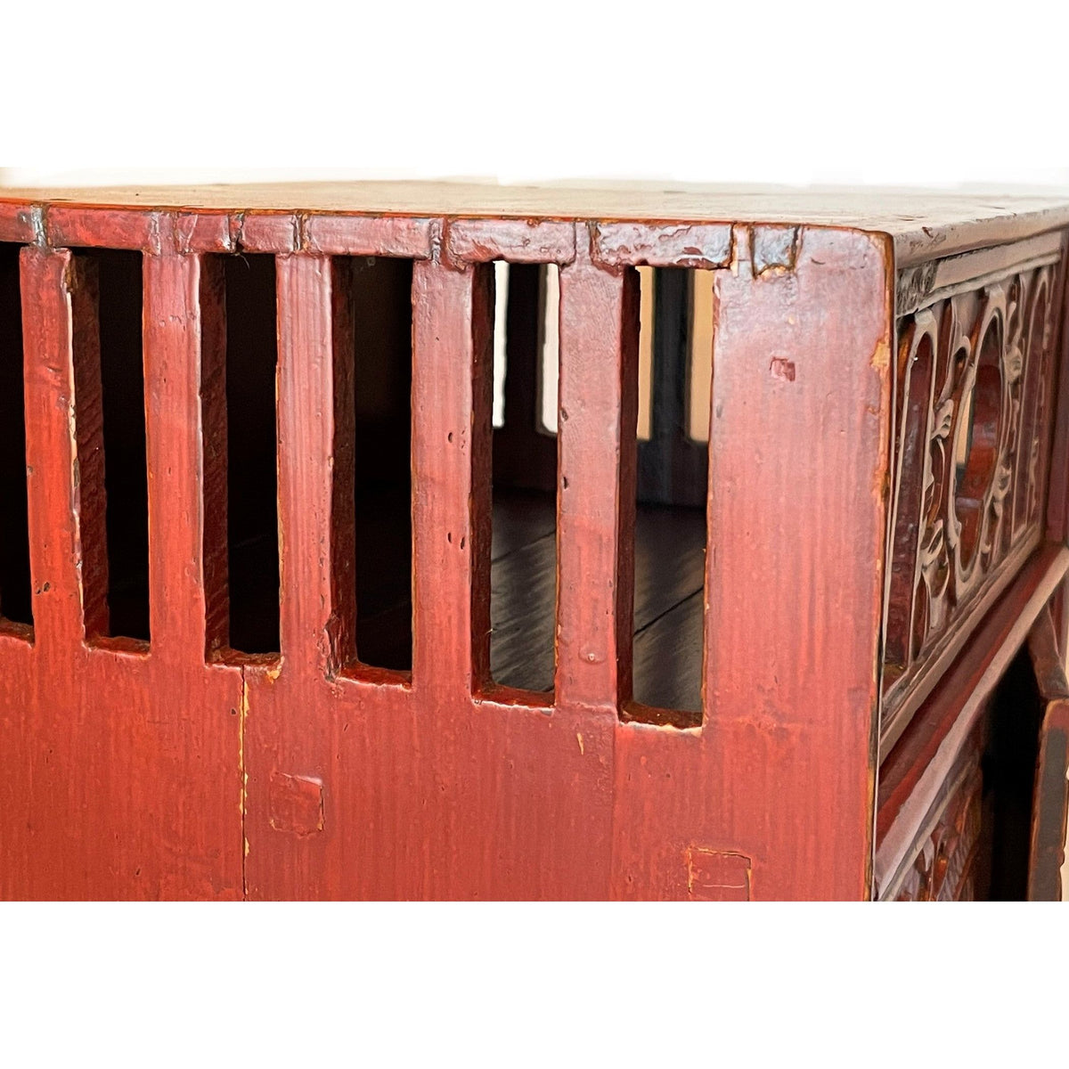 Vintage Red Chinese Wood Cabinet/Jewelry Chest - 17" H X 11.5" W X 9" D