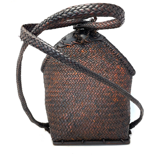 Vintage Woven Bamboo Shoulder Bag with Dark Brown Patina from the Philippines