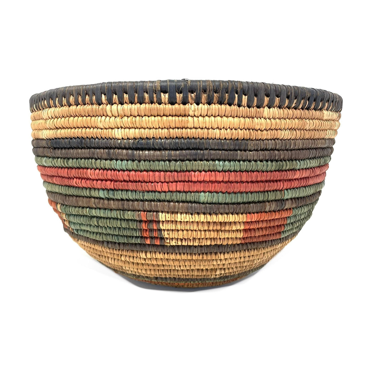 Vintage Nigerian Hausa Multi-Colored Coiled Basket Measuring 9.5 Inches Diameter by 6 Inches Tall