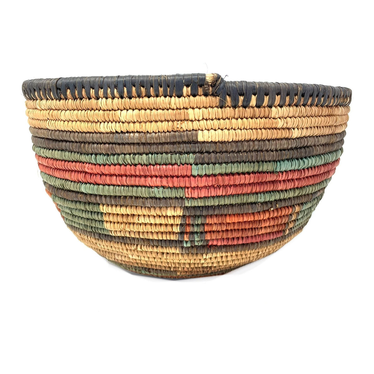 Vintage Nigerian Hausa Multi-Colored Coiled Basket Measuring 9.5 Inches Diameter by 6 Inches Tall