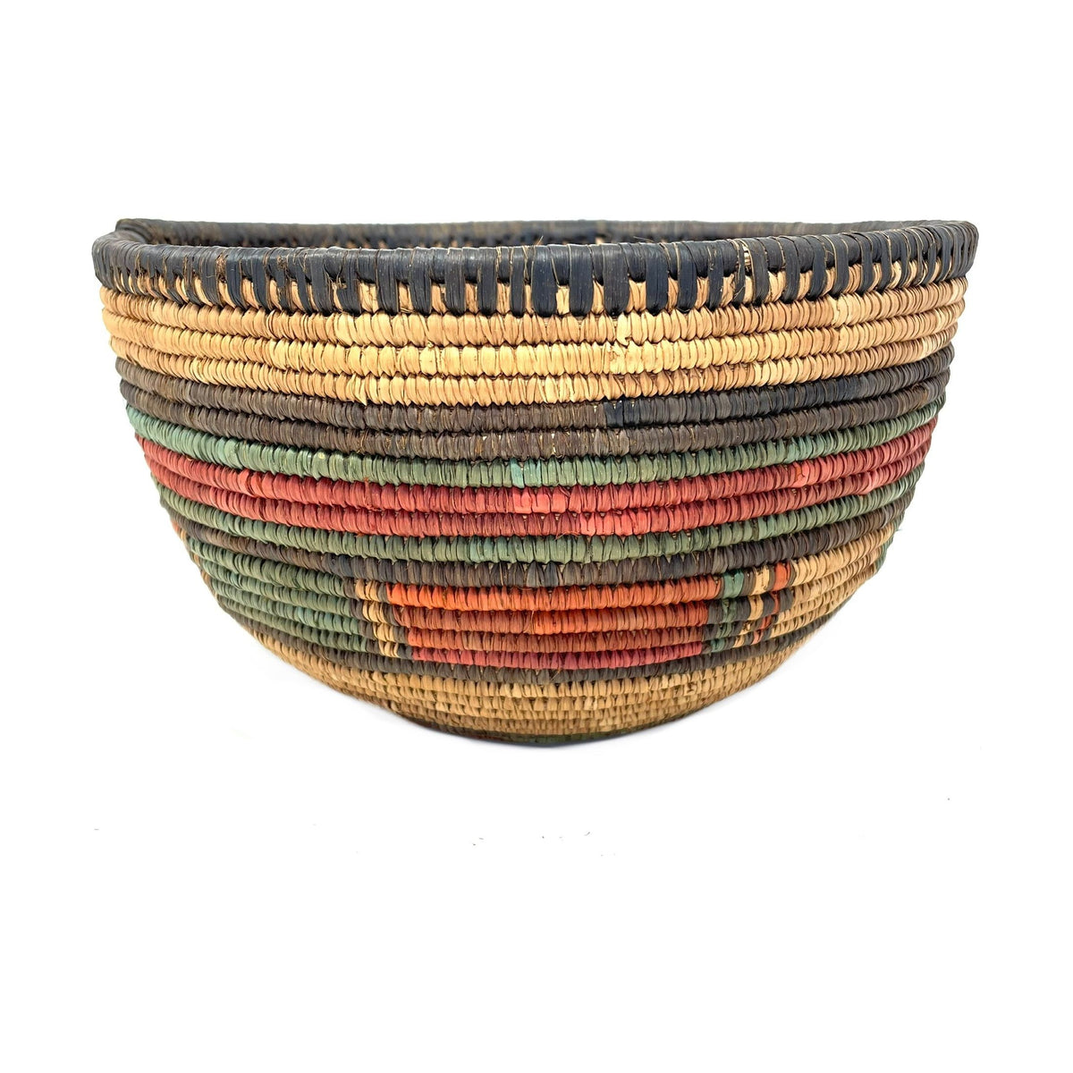 Vintage Nigerian Hausa Multi-Colored Coiled Basket Measuring 9.5 Inches Diameter by 6 Inches Tall