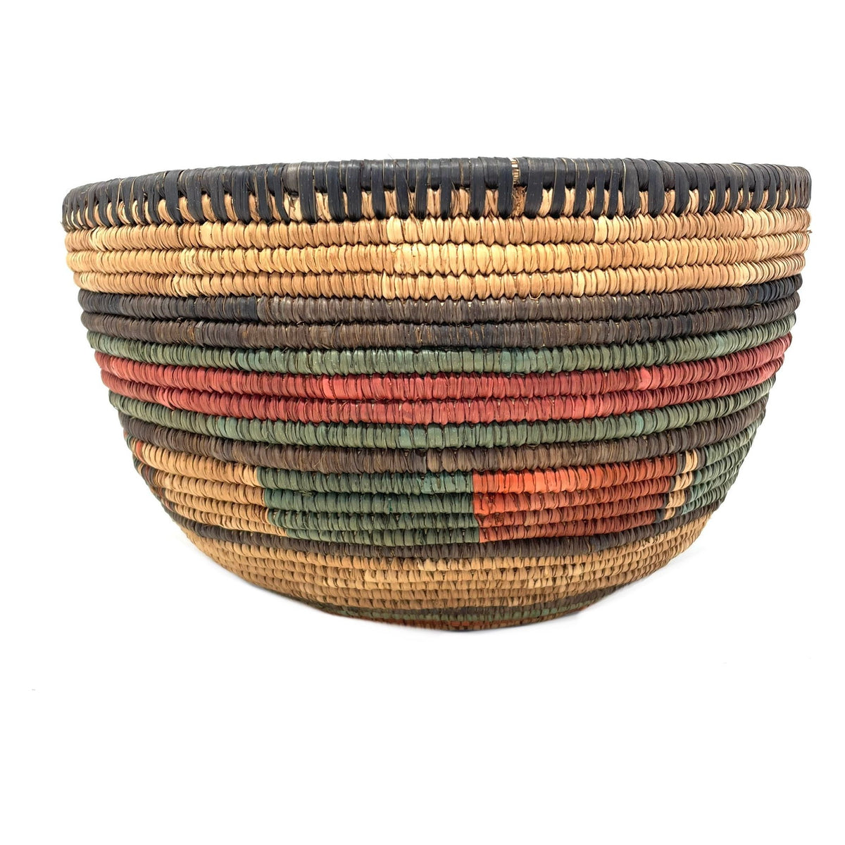 Vintage Nigerian Hausa Multi-Colored Coiled Basket Measuring 9.5 Inches Diameter by 6 Inches Tall