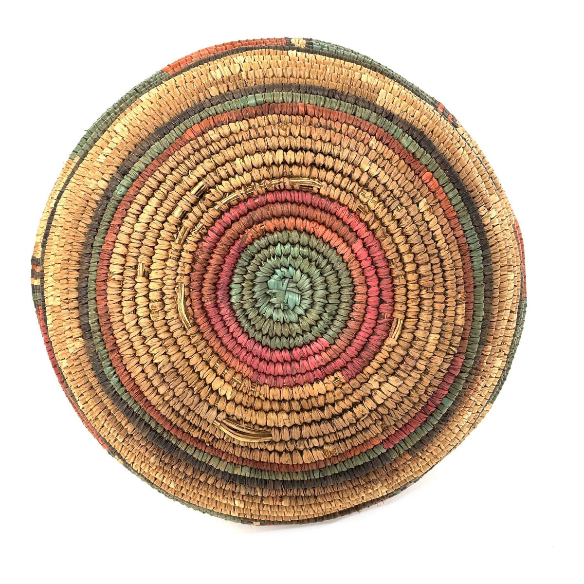 Vintage Nigerian Hausa Multi-Colored Coiled Basket Measuring 9.5 Inches Diameter by 6 Inches Tall