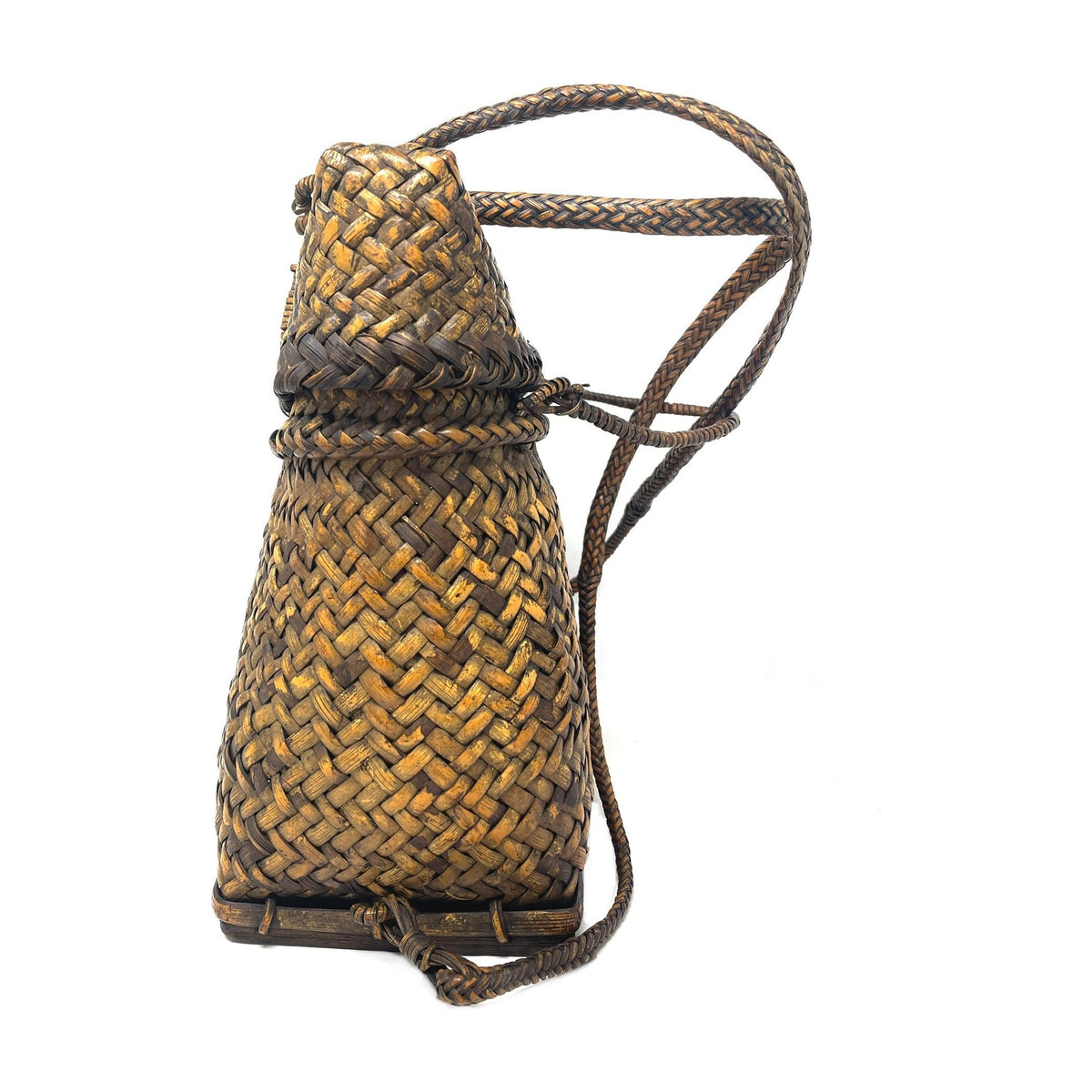 Vintage Woven Lidded Backpack with Natural Buff and Brown Patina from the Philippines