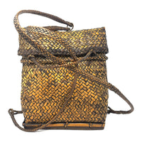 Vintage Woven Lidded Backpack with Natural Buff and Brown Patina from the Philippines