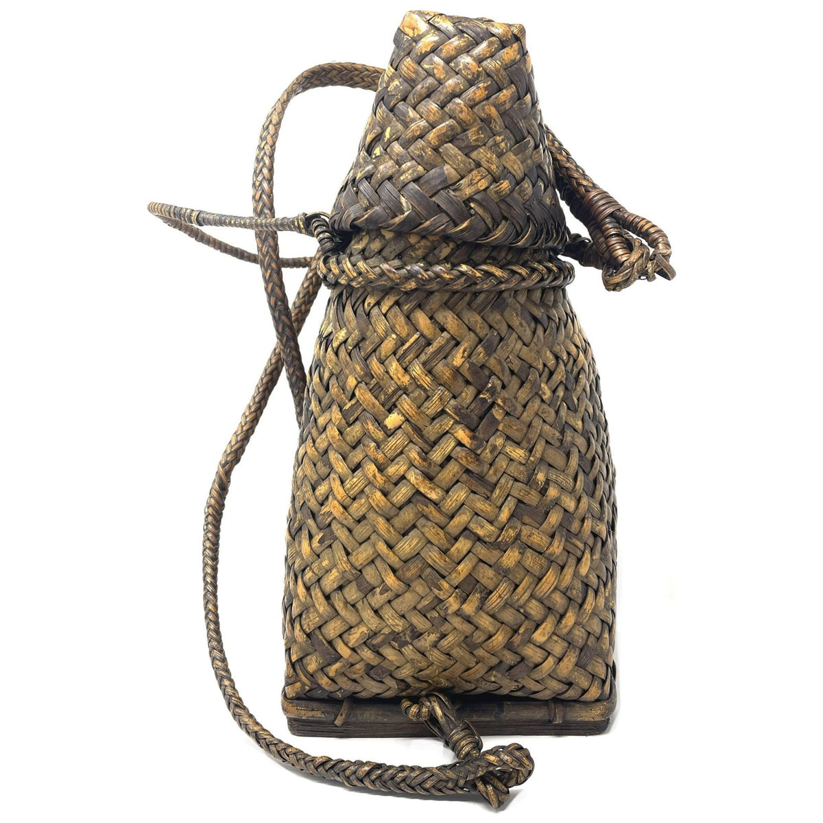 Vintage Woven Lidded Backpack with Natural Buff and Brown Patina from the Philippines