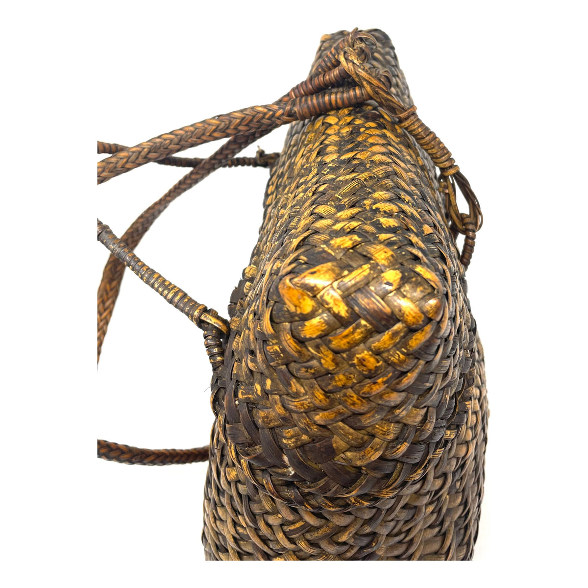 Vintage Woven Lidded Backpack with Natural Buff and Brown Patina from the Philippines