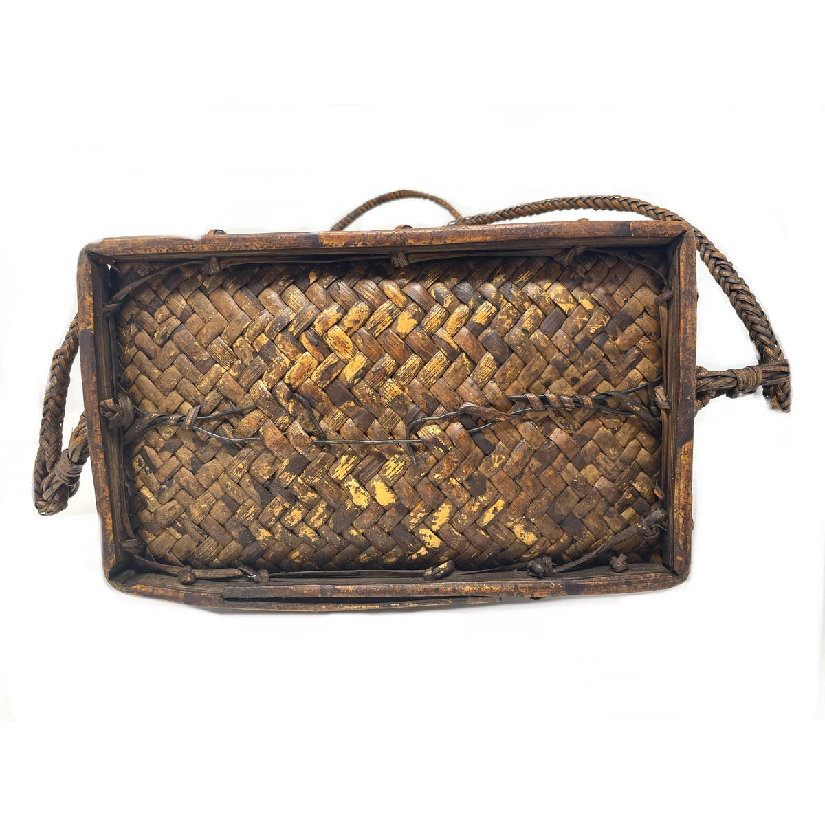 Vintage Woven Lidded Backpack with Natural Buff and Brown Patina from the Philippines