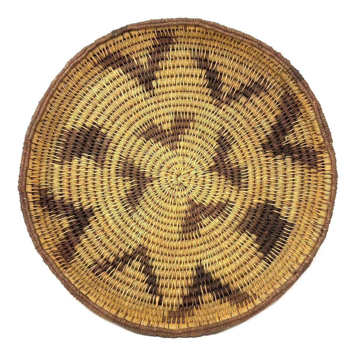 African Coiled Basket/Tray with Natural/Buff Background and Dark Brown Pattern Measuring 13 Inches in Diameter by 1.75 Inches Tall