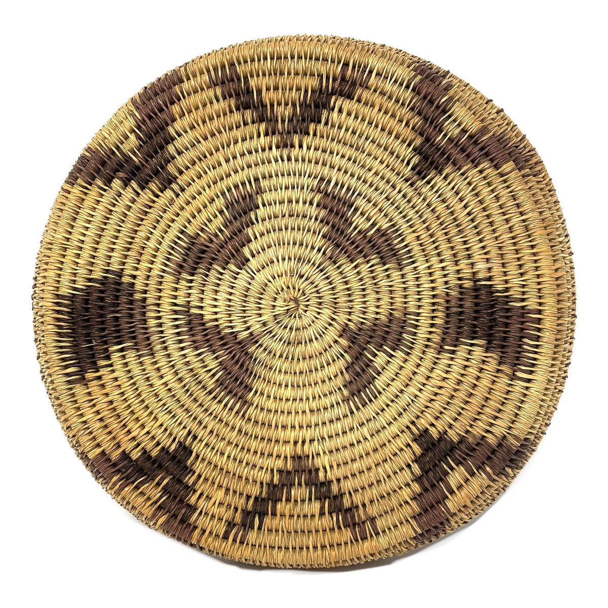 African Coiled Basket/Tray with Natural/Buff Background and Dark Brown Pattern Measuring 13 Inches in Diameter by 1.75 Inches Tall