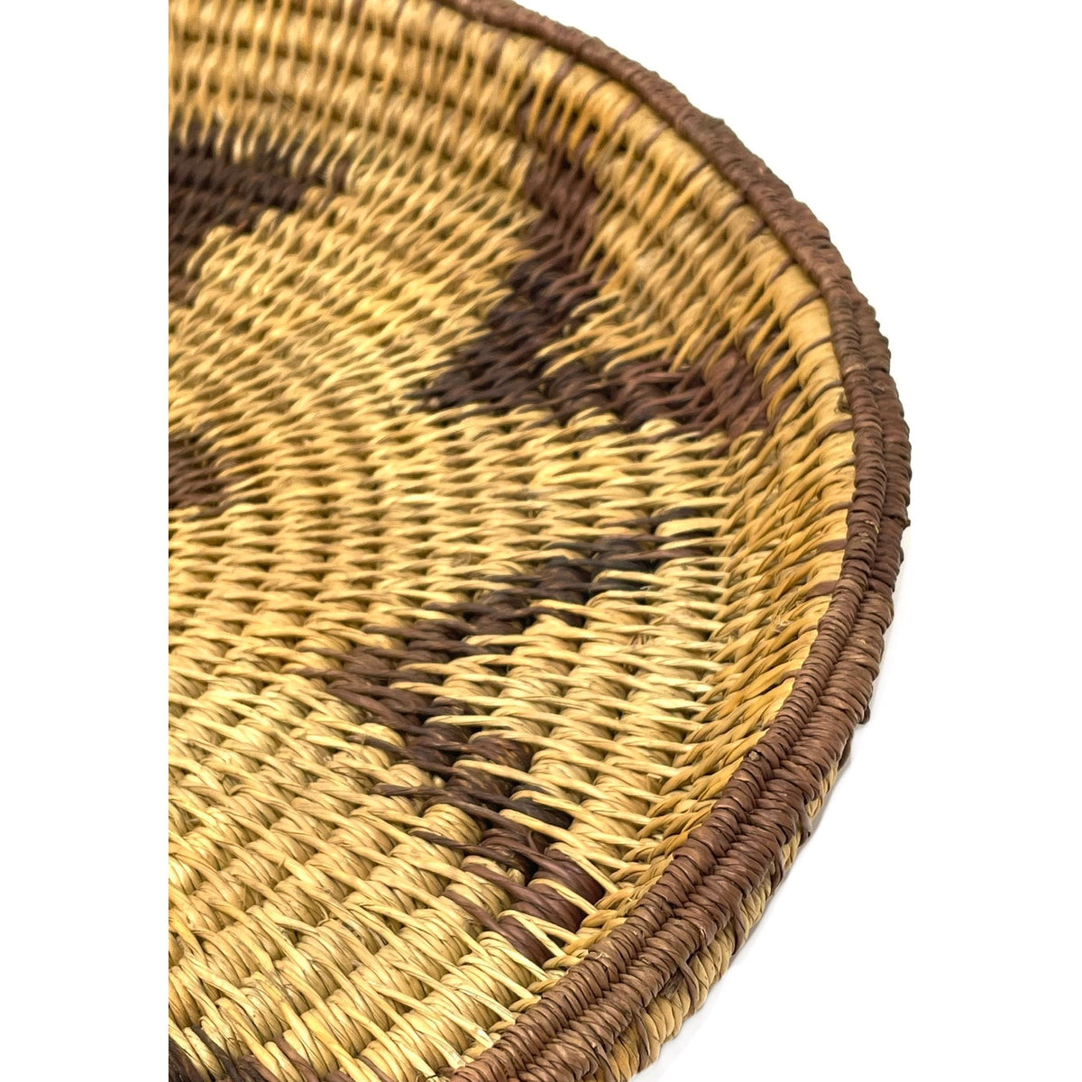 African Coiled Basket/Tray with Natural/Buff Background and Dark Brown Pattern Measuring 13 Inches in Diameter by 1.75 Inches Tall