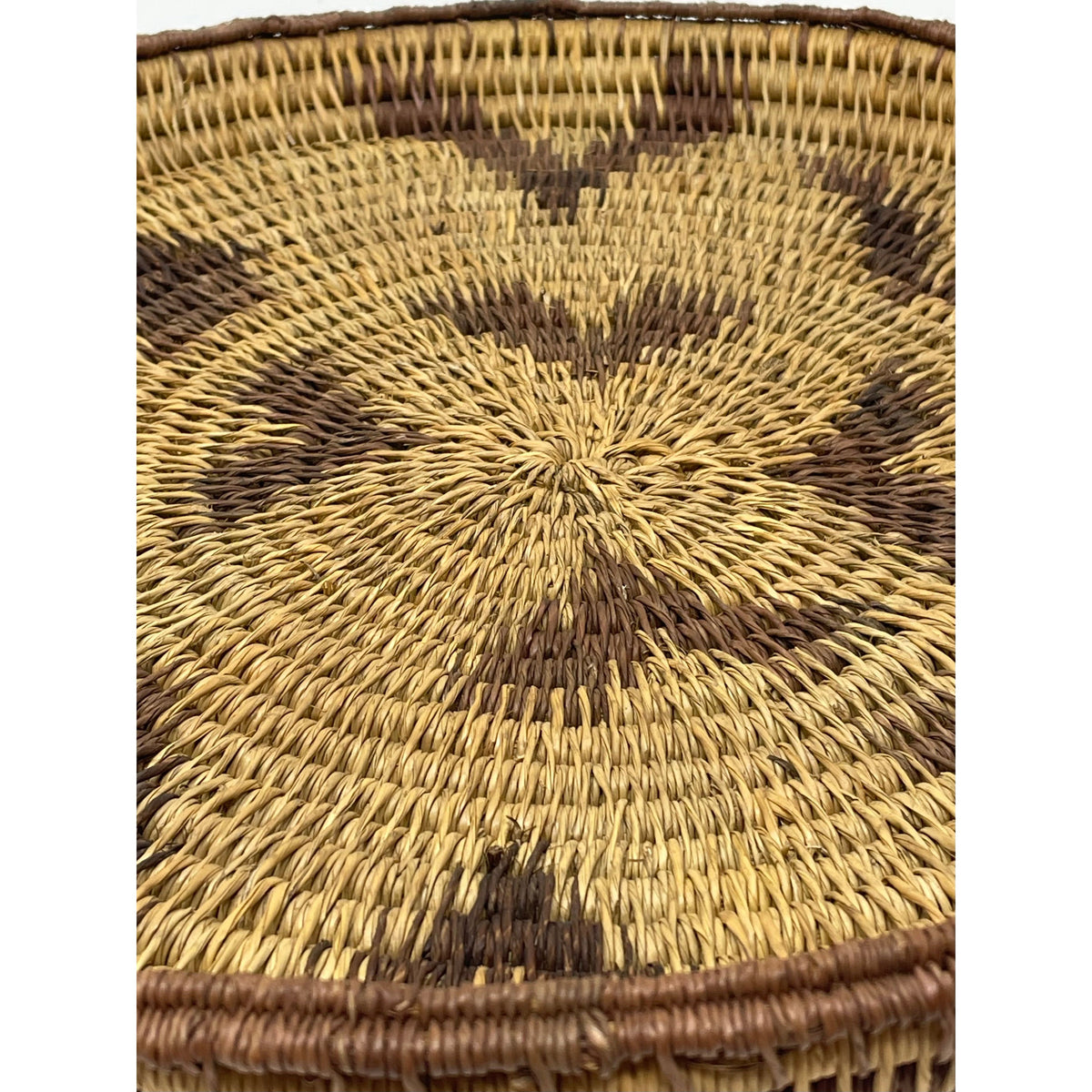 African Coiled Basket/Tray with Natural/Buff Background and Dark Brown Pattern Measuring 13 Inches in Diameter by 1.75 Inches Tall