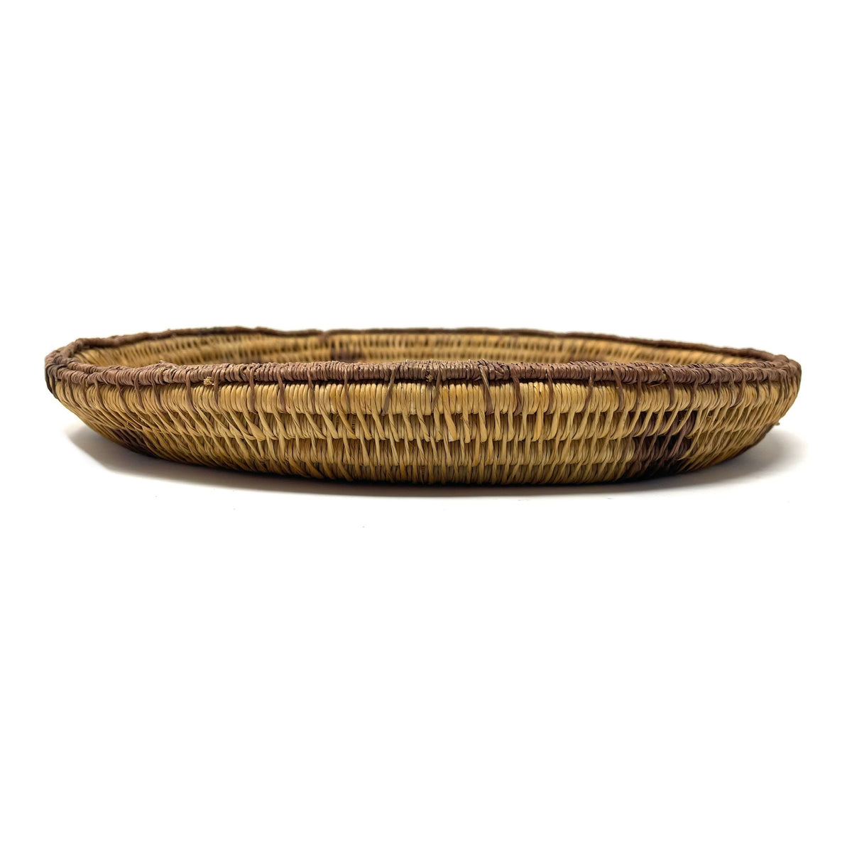 African Coiled Basket/Tray with Natural/Buff Background and Dark Brown Pattern Measuring 13 Inches in Diameter by 1.75 Inches Tall