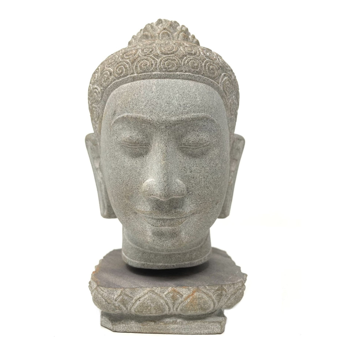 Hand-Carved Cambodian Gray Sandstone Buddha Head - 7.75" H X 5" W X 4.5" D