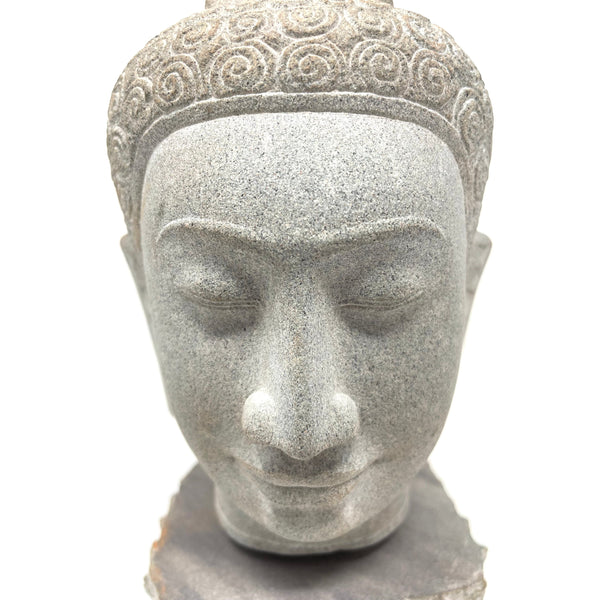 Hand-Carved Cambodian Gray Sandstone Buddha Head - 7.75" H X 5" W X 4.5" D